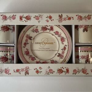 Grace Teaware Porcelain Espresso Set Of 4 Cups & Saucers Summer Floral Garden